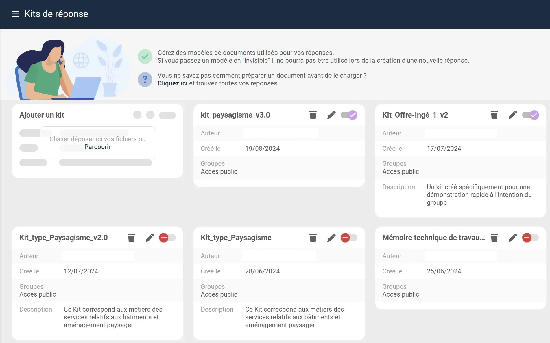 Écran « Kits de réponse » de TenderNow : modèles de documents réutilisables pour les réponses