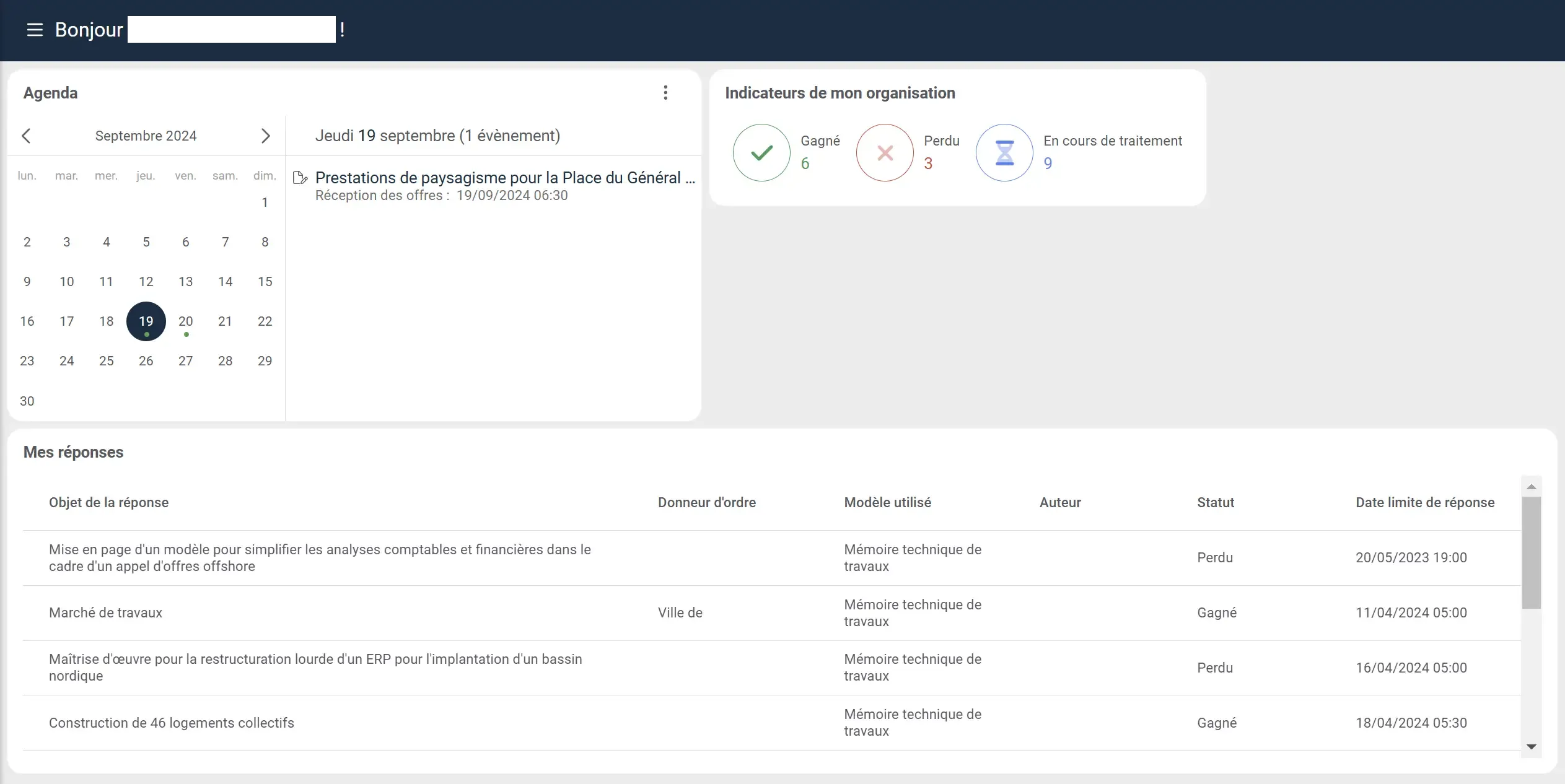 Tableau de bord TenderNow : agenda des échéances, indicateurs gagné / perdu et suivi des réponses